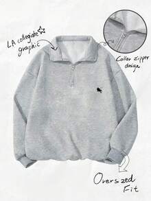 Women's Autumn/Winter New All-Match American Style Horse Logo Print Casual Half-Turtleneck Zipper Sweatshirt, Fashion & Versatile - Grey - View 11