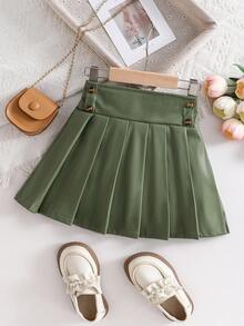Girls' Fashionable Elegant Green PU Design Skirt, Suitable For Autumn/Winter - Olive Green - View 1