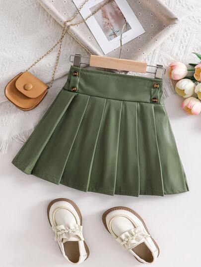 Girls' Fashionable Elegant Green PU Design Skirt, Suitable For Autumn/Winter