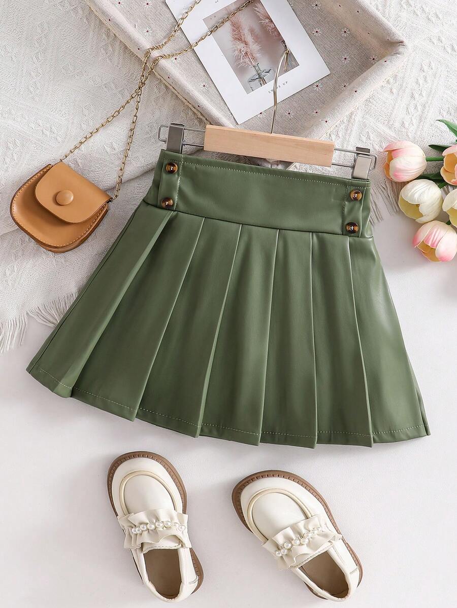 Girls' Fashionable Elegant Green PU Design Skirt, Suitable For Autumn/Winter - Olive Green - View 1