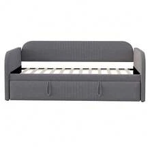 Upholstered Bed, Pull-Out Sofa Bed 90/180*190 Cm, With Vertical Stripes, With Slatted Frame, Multifunctional Bed, Comfortable And Breathable Linen Fabric, Grey (Mattress Not Included) - Grey + Upholstered + 90cm*190cm-2 - View 10