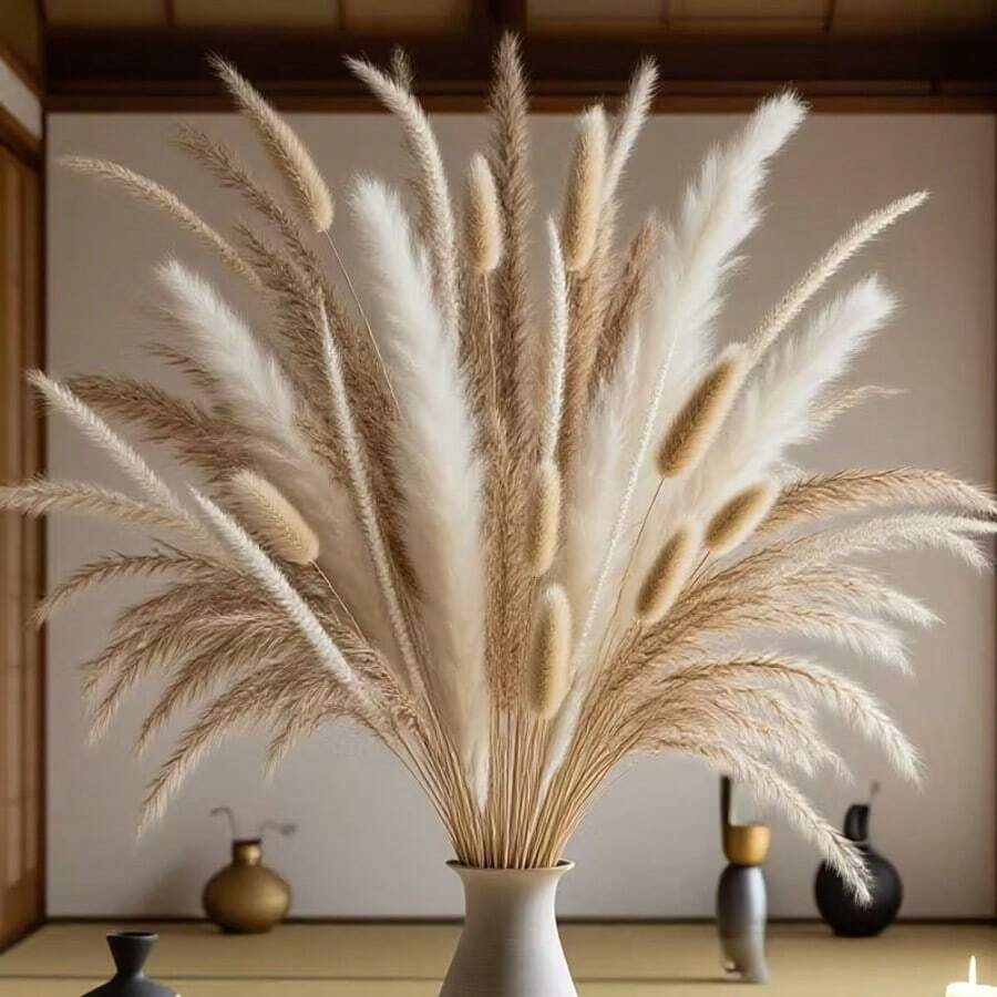 1束17英寸蒲苇草花束 - 秋季蓬松橙色干花，适用于家居、婚礼、派对、办公室、卧室、户外草坪装饰、桌面摆件，乡村风格 - 棕色 - 查看 1