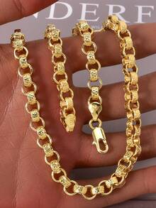 Vintage 750 Italian 3D Round Interwoven Hand Carved Texture Collarbone Necklace With Hip-Hop Street Style Suitable For Men Daily Party And Holiday Wear - Gold - View 1