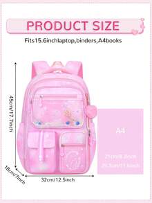 1 pezzo Zaino con stampa di principessa cartoni animati e ciondolo a forma di cuore in peluche, design apertura a 180°, chiusura con cerniera, multi-tasche, adatto per scuola, lavoro, viaggio, sport, pendolarismo, uso quotidiano, grande capacità, pieghevole, ottimo regalo