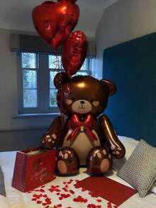 Brown Teddy Bear Foil Balloon With Colorful Bow Tie, Paired With Red Latex Balloons And Red Heart Shapes. Cute Sitting Pose Design, Suitable For Valentine's Day, Birthday, Wedding, Anniversary, Theme Events, Engagement, Home Decor, Photo Props, Party Decorations - Multicolor - View 2