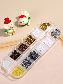 1 Box Autumn And Winter Color Nail Charm Brown White Gold Mixed Sizes Pearl Bead Mixed Steel Beads 3D Nail Gems Kawaii Cute Christmas Nail Art Decoration Nail Salon Accessories Nail Supplies DIY