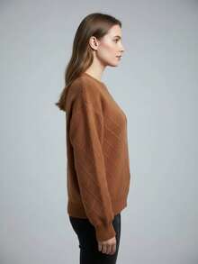 Women's Solid Color Casual Knit Ribbed Sweater, Autumn/Winter - Brown - View 8