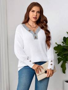 Plus Size Solid V-Neck Casual Long Sleeve Pullover Sweater White - White - View 5