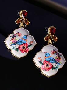 1 Đôi Hoa tai họa tiết chim xanh và hoa, phong cách cổ điển, hợp kim đồng vàng và đá trang trí - Hoàn hảo cho trang phục hàng ngày, các buổi tụ họp và sự kiện trang trọng, món quà hoàn hảo cho phụ nữ - Nhiều màu - Xem 2