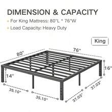 Marco de cama resistente COMASACH, negro, acero, 16 pulgadas de altura, sin ruido, sin somier, 3500 libras, fácil de montar, almacenamiento debajo de la cama - 16 pulgadas - Ver 10