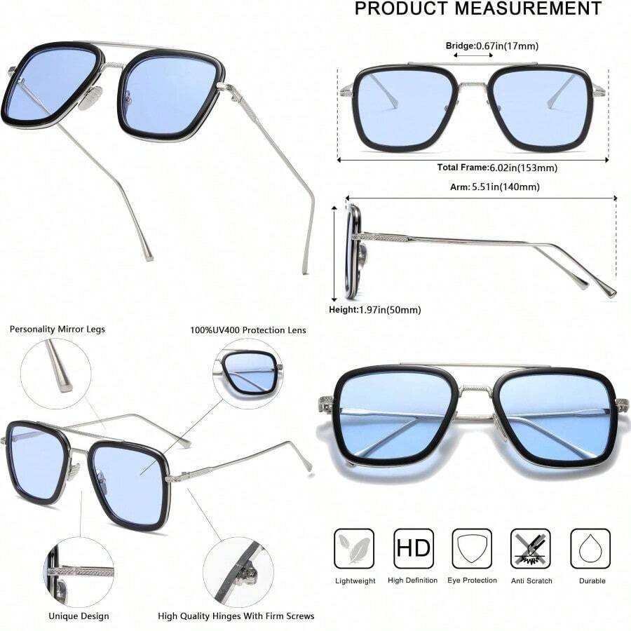 Tony Stark Sunglasses Vintage Square Metal Frame For Men Women  And  Vintage Sun Glasses - 漸層藍色 - 查看 1