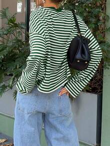 Casual Commute Daily Dropped Shoulder Loose Striped Top