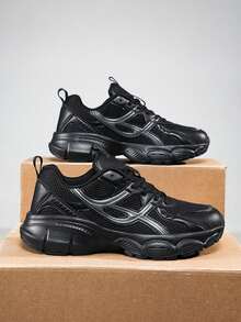 1 Pair Unisex Sports Pattern Mesh Patchwork Sneakers, Fitness Gym Vintage Chunky Thick Sole Chunky Sneakers, Breathable Lightweight Casual Running Shoes For Women - 白灰 - 查看 13