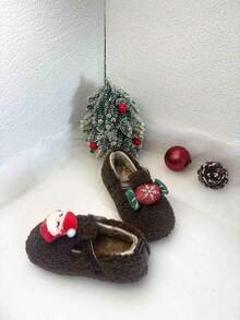 1 Paar modische, weihnachtlich-thematische Kinderflatschuhe, Dekoration mit Weihnachtsmann, Rentier, Weihnachtsbaum, thermische Fütterung für Wärme, geeignet für den täglichen Gebrauch, Einkaufen, Partys - Braun - Übersicht 5
