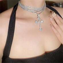 1pc Fashionable European And American Style Exaggerated Multilayer Necklace With Full Rhinestones, Personality Pendant Party, Collarbone Chain Jewelry - 金子 - 查看 10