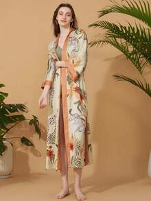 Oversized Retro Leopard Print Mid-Length Kimono Cover Up Jacket, Casual Street Style Beach Cover-Up, Summer Personalized Beachwear Swimsuit Coverup Vacation - Màu be - Xem 5