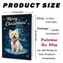 1 pièce Carte de vœux de Noël Westie - Un chien Westie avec un sapin de Noël, des flocons de neige et un nœud rouge sur un fond bleu marine d'hiver enneigé - Cadeau de vacances pour les amateurs d'animaux de compagnie - Conception mignonne de West Highland Terrier blanc - Parfait pour les propriétaires de Westie - Carte de vœux festive pour les amis et la famille - Illustration thématique de la saison hivernale confortable - Cadeau de Noël idéal pour les amateurs de chiens, également adapté comme carte de Noël amusante ou carte postale