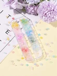 19,2 g/set 12 colores cuentas acrílicas transparentes con escarcha, flores, con lámina de oro, colores mezclados, 5,5~6x3 mm, orificio: 1,5 mm, 1,6 g/color