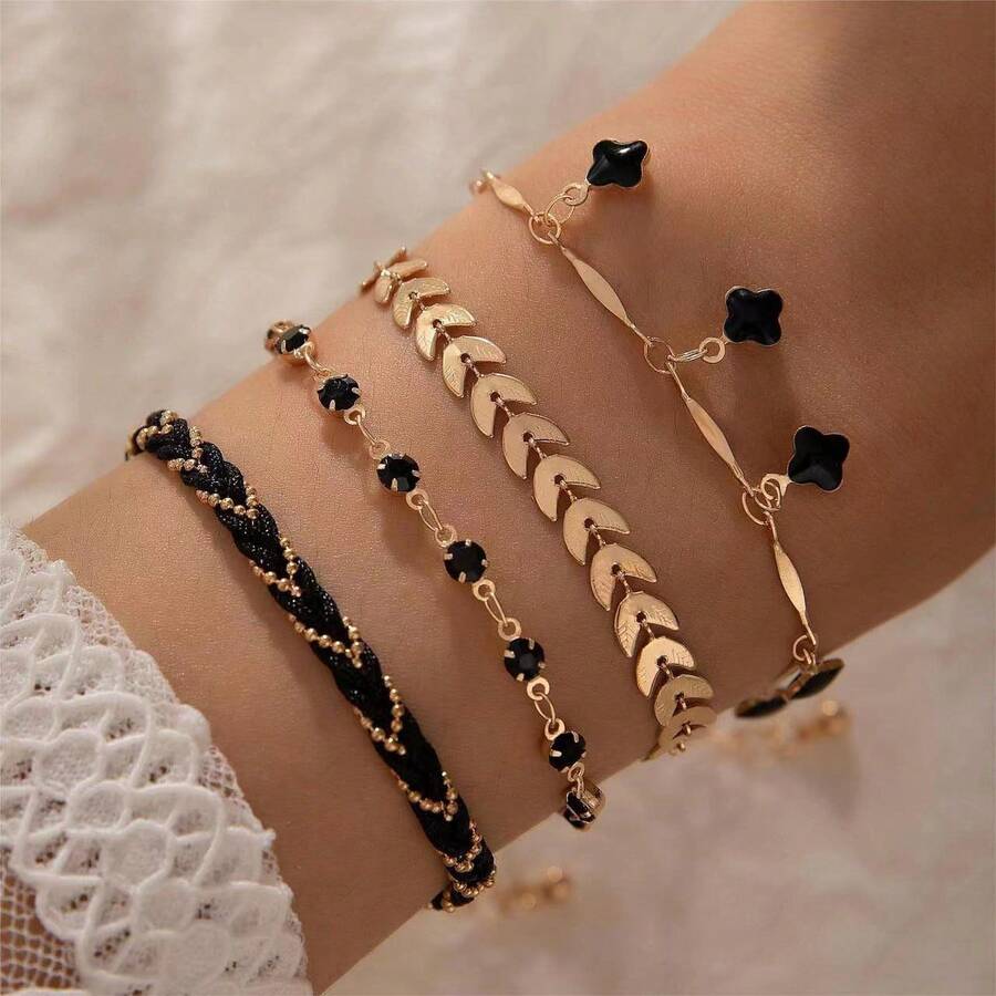 4pcs Black Thin Chain Bracelet Set, Zinc Alloy Hiphop Style Bracelet Set For Women