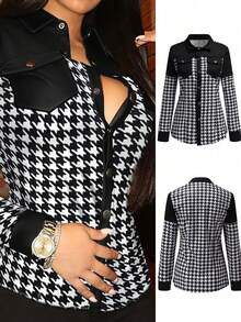 Îmbrăcăminte de toamnă pentru femei, O cămașă elegantă pentru femei cu un amestec de modele în carouri și culori contrastante, Un top cu mânecă lungă pentru femei, Stil business casual, Îmbrăcăminte de toamnă pentru femei, Cea mai populară alegere pentru femei atunci când ies în oraș, Costume de Halloween pentru femei - Multicolor - Vizualizare 4