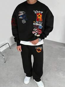 2pcs Men Casual Sweatshirt & Flared Pants Set, Printed Design, Versatile - Multicolor - View 1