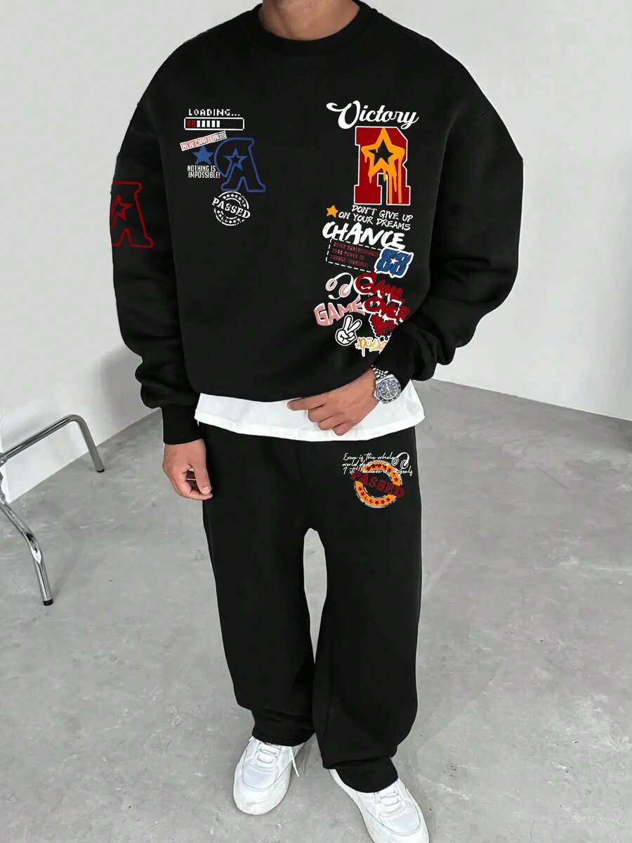 2pcs Men Casual Sweatshirt & Flared Pants Set, Printed Design, Versatile - Multicolor - View 1