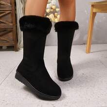 Women's Mid-Calf Snow Boots, Thick Thermal Lining, Wedge Heel, Warm & Soft Material, Side Zipper, Round Toe, Versatile Outdoor Boots (Shoe Mouth & Foot Length Run Small, Please Order One Size Up) - màu đen - Xem 14