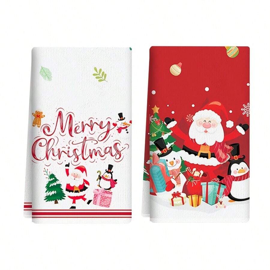 2 piezas Paños de cocina con estampado de Papá Noel, decoración navideña, regalo de Navidad, súper suaves y muy absorbentes, paños de cocina para cocinar, hornear, té, lavar, toallas de mano, decoración de cocina, regalo para vecinos, mamá, cumpleaños, regalo de inauguración de casa para amigos, accesorios de cocina, decoraciones, artículos de primera necesidad para el hogar