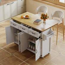 Isla de cocina con encimera abatible, 5 ruedas bloqueables, 4 puertas, 3 cajones, toallero de doble cara, diseño estilo granero, blanco, 140x43(70)x90,5 cm