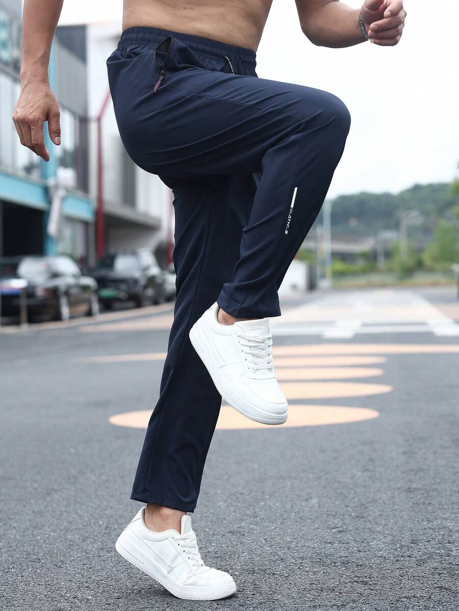 Men's Lightweight, Breathable, Quick-Dry Zipper Pocket Sports Pants, Fashionable Versatile All-Match Long Trousers For Summer - Navy Blue - View 1