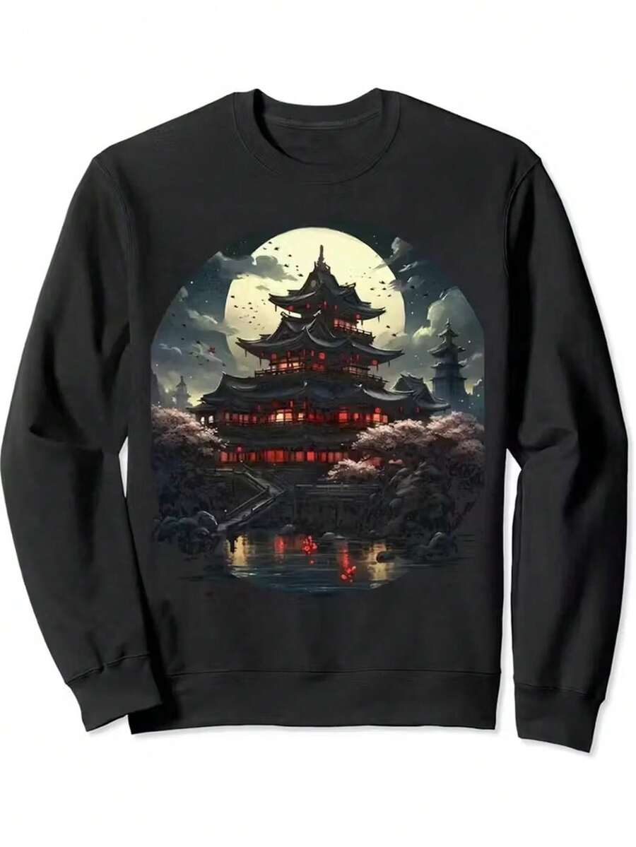 Men's Heavyweight Japanese Streetwear Hoodie, Loose-Fit Round Neck Pullover Sweatshirt, Machine Washable, Winter Warmth