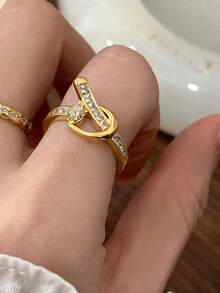 1pc Diamond Rhombus Knotted Adjustable Open Ring, Elegant French Style