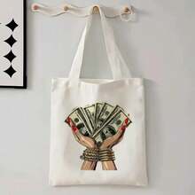 Two Sides Printing,Ne Zippered Main Pocket With Open And Closed Zippers.Women's White Canvas Tote Bag With Money And Jewelry Design - Durable Polyester Shoulder Bag With Sturdy Handles, Suitable For Parties, Travel, Shopping - Perfect For Christmas, Halloween, Mother's Day, Graduation, Party Accessories, Distinctive Pattern Print, Reinforced Handles