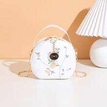 Sac à main pour femme, nouveau sac rond à la mode avec pendentif hibou et bandoulière à chaîne, décoré de broderie  PU