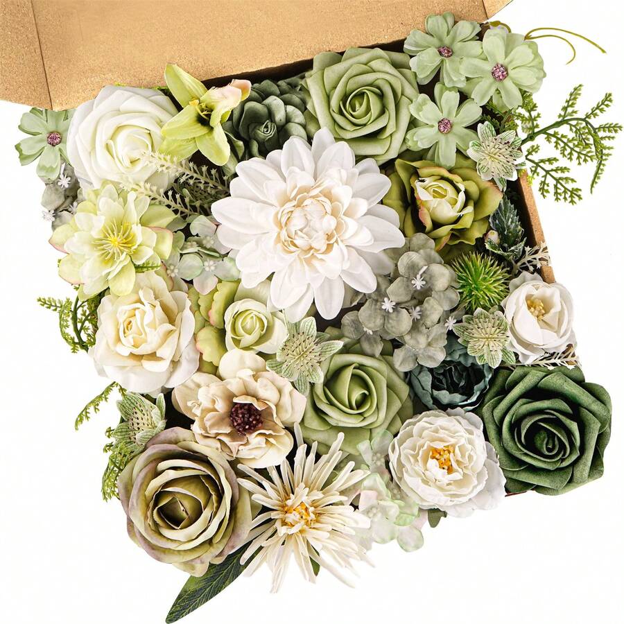 Artificial White Green Dahlias Combo Box Set, Silk Flower For DIY Wedding Bouquets Centerpieces Arrangements Baby Shower Party Home Decorations - 白綠色 - 查看 1