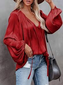 Elegant Women's Shirt, Loose V-Neck Faux Silk Satin Shirt, Balloon Sleeves And Ruched - Rojo - Ver 4