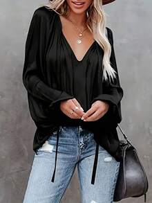 Elegant Women's Shirt, Loose V-Neck Faux Silk Satin Shirt, Balloon Sleeves And Ruched - 黑色 - 查看 1