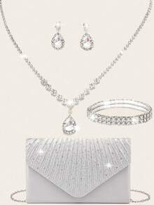 4pcs Set: Women's Rhinestone Evening Clutch, Rhinestone Clip-On Earrings, Bridal Wedding Necklace & Bracelet, Shiny Sequin Tassel Clutch, Envelope Style Evening Bag, Women's Shiny Rhinestone Shoulder Bag With Detachable Chain, Suitable For Weddings And Parties - Silver - View 11