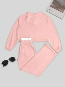 Women's Casual Solid Color Drawstring Waist Hooded Loose Tracksuit Set - Pink - View 3