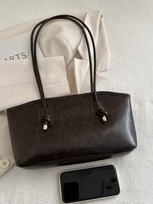 1 件咖啡棕色绗缝拉链开合 PU 纯色保龄球包，秋冬季，大容量手提包，新款时尚毛毡纹理单肩包，复古风格马鞍腋下通勤笔记本电脑包带绳装饰，适合女性日常使用