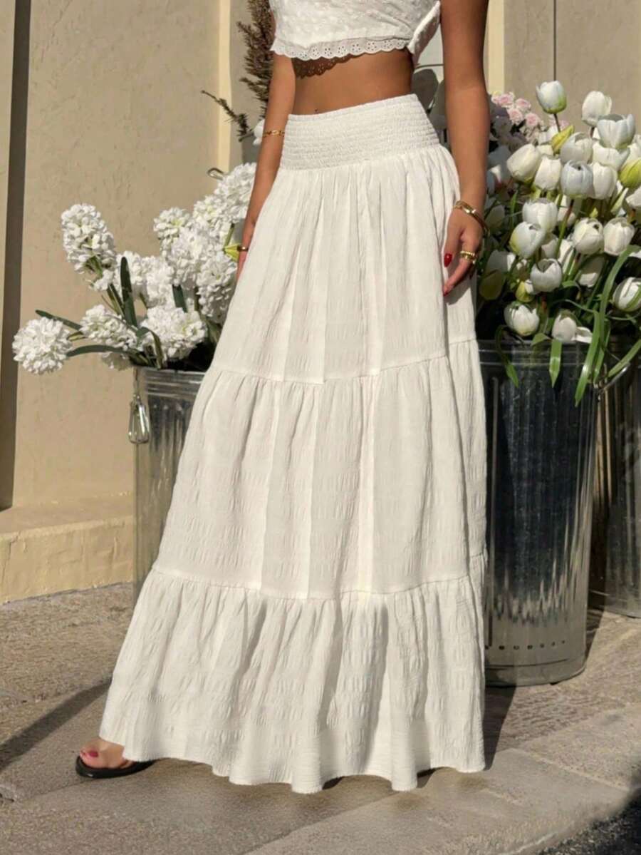 Falda larga de línea A con cintura con cordón, de punto trenzado con textura y forro, elegante y casual, adecuada para citas, reuniones, vacaciones, compras y talla grande