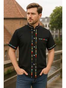 Men's Short Sleeve Mexican Guayabera Shirts Made In Mexico, Multiple Colorshalloween - 黑色 - 查看 2