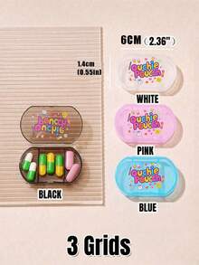 多色三隔间可拆卸便捷药盒，椭圆形药盒，彩色药丸和字母“Ouchie Poucchi”创意图案，分区存储，迷你药盒，便携式珠宝和药盒 - 彩色 - 查看 8