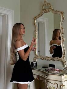 ii Vestido corto elegante de mujer con bloqueo de color y hombros descubiertos