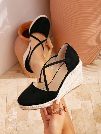 French Cross Strap Woven Wedge Heel Platform Sandals For Women