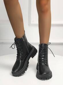 Giày bốt đế dày gót vuông cho bé gái, chất liệu PU chống thấm nước, buộc dây, khóa kéo bên hông, mũi tròn, giữ ấm, thích hợp cho đi làm và du lịch, dành cho thanh thiếu niên. - màu đen - Xem 5