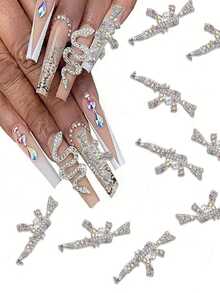 10入組豪華3D合金粉紅色槍型美甲飾品，配有水晶鑽石 - 適用於DIY或美甲沙龍，亞克力指甲用品美甲寶石