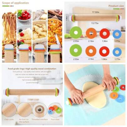 Rodillo de madera con 4 anillos de grosor ajustables, rodillo de masa antiadherente para hornear, rodillo de pizza de 17 pulgadas para suministros de cocina, diseo de prensa de para fondant, pizza, corteza de tarta, galletas, pastelera