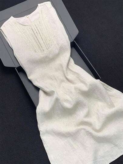 Vestido tipo chaleco de lino blanco sin mangas, único, elegante y moderno, estilo antiguo, para mujer.