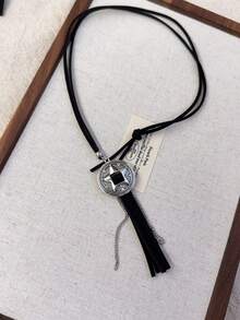 Vintage Black Velvet Tassel Long Sweater Chain Bohemian Pentagram Necklace